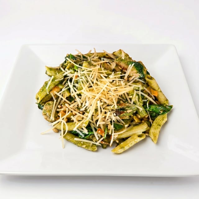 Spinach Pesto Penne with Chicken Sausage.